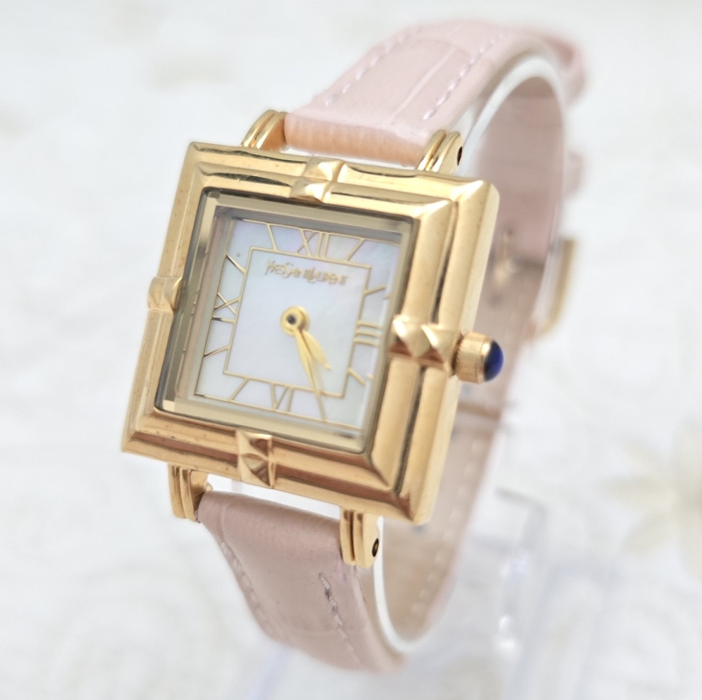 YSL Yves Saint Laurent Tank Watch 23mm Case Art Deco Mother of Pearl Pink Strap - Picture 8 of 11